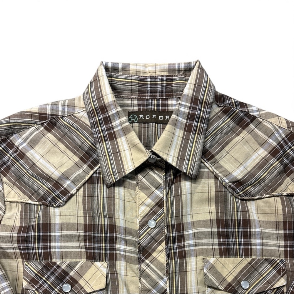 Roper Women’s Beige Plaid Snap Shirt, size medium - Picture 2 of 9